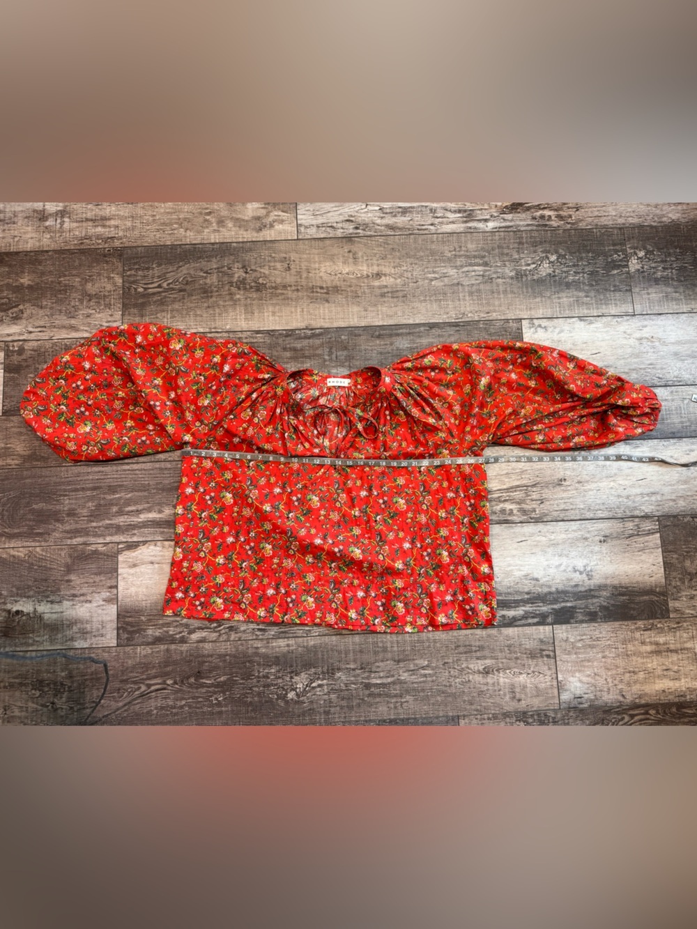 RHODE Red Floral Peasant Blouse with Tie Neck Size M - Picture 5 of 8